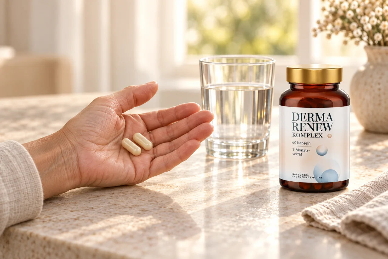 Illustrative Anwendungsszene: zwei Kapseln, ein Glas Wasser und Derma Renew Komplex