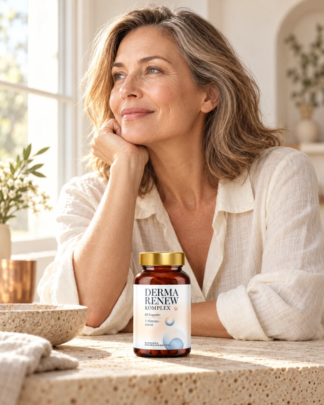 Illustratives Markenmotiv: eine Frau in hellem Tageslicht mit Derma Renew Komplex