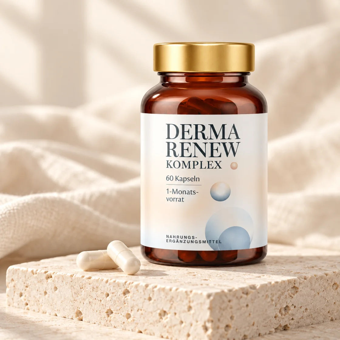 Derma Renew Komplex auf hellem Naturstein mit zwei Kapseln – illustrative Produktdarstellung