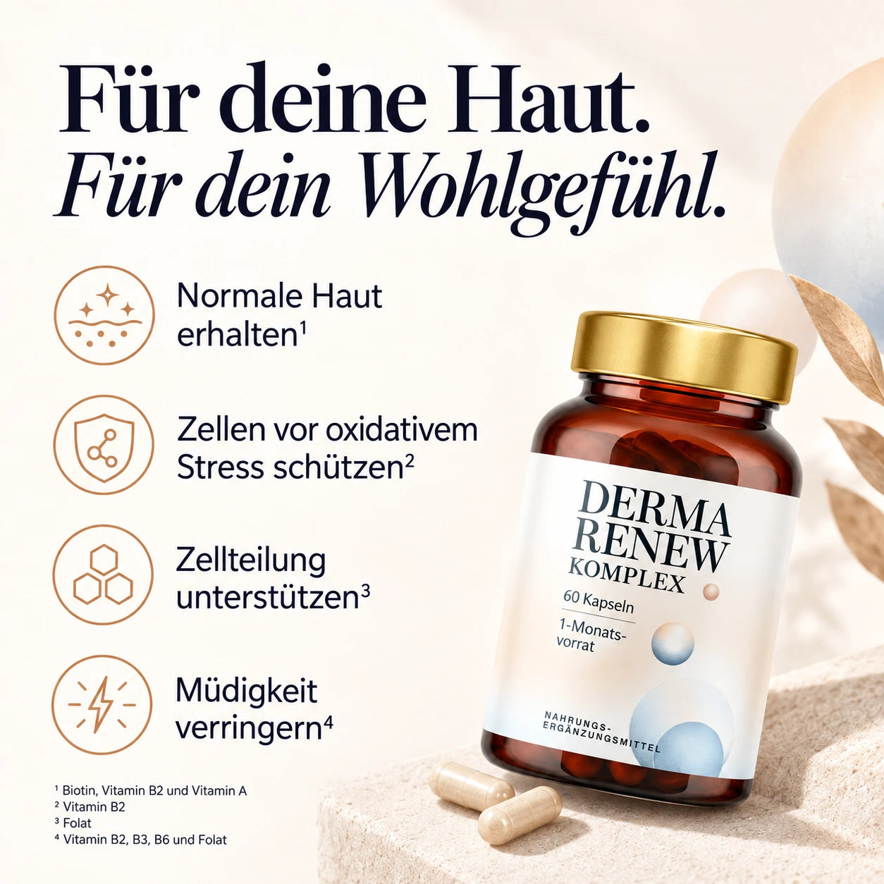 Nährstofffunktionen: Biotin, B2 und A für normale Haut; B2 für Schutz vor oxidativem Stress; Folat für die Zellteilung; B2, B3, B6 und Folat zur Verringerung von Müdigkeit.