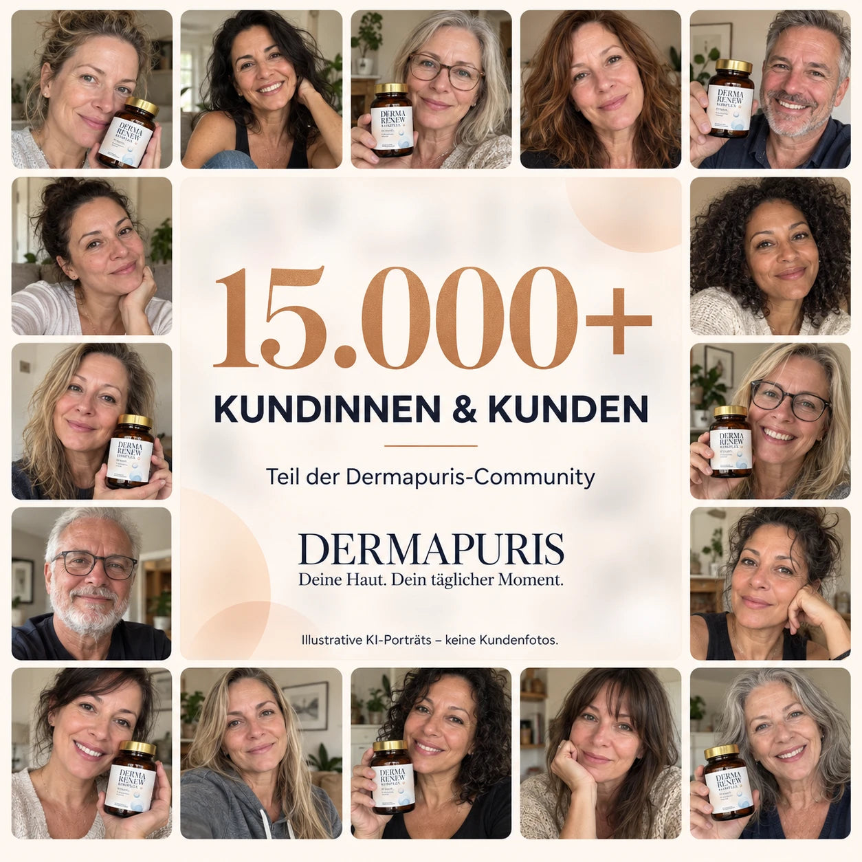 15.000+ Kundinnen und Kunden in der Dermapuris-Community. Die dargestellten Personen sind illustrative KI-Porträts, keine Kundenfotos.
