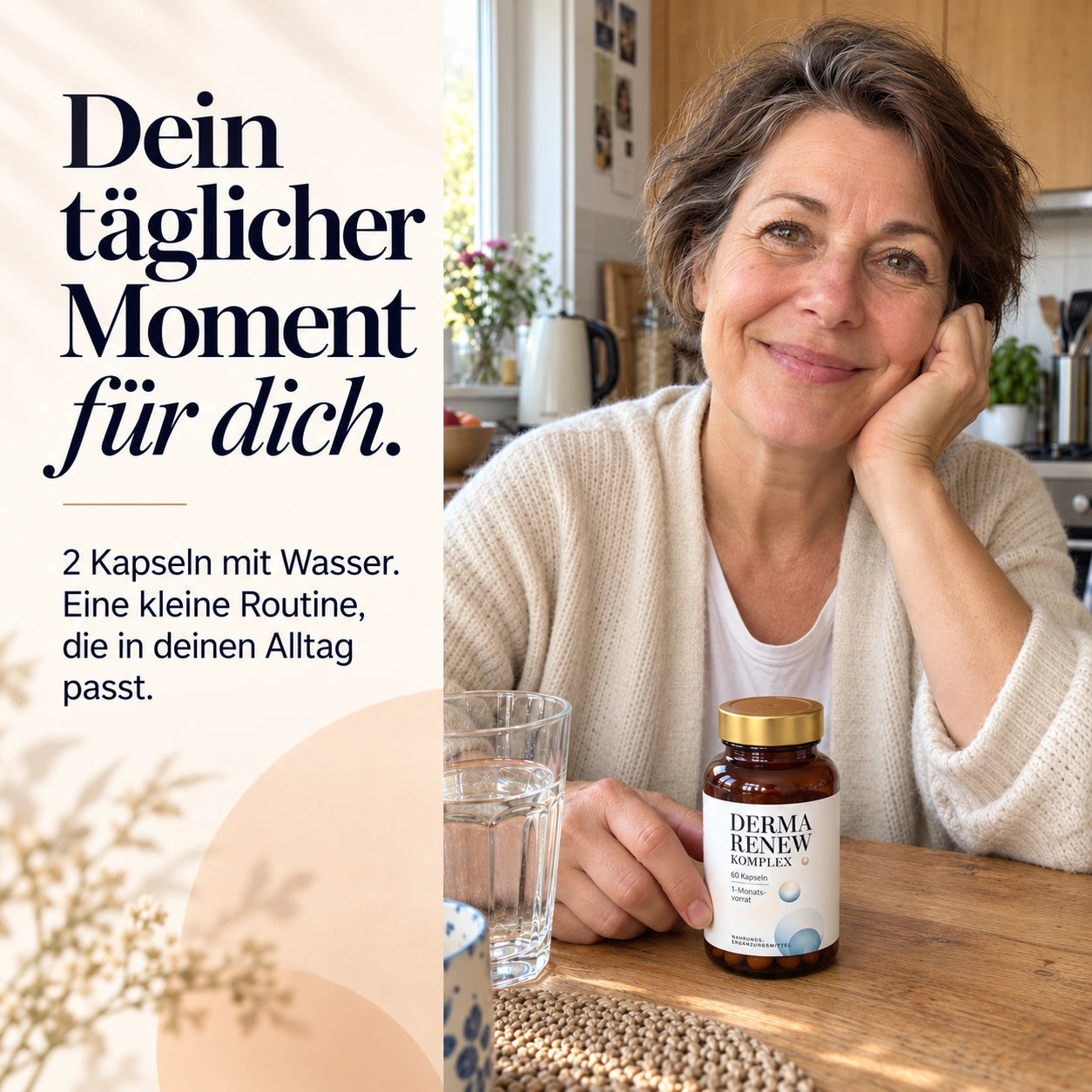 Dein täglicher Moment für dich. 2 Kapseln mit Wasser. Eine kleine Routine, die in deinen Alltag passt. Illustratives KI-Motiv einer Frau am Küchentisch mit Derma Renew Komplex.